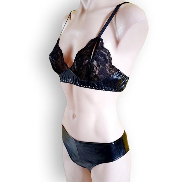 Black stretch lace + PVC two piece lingerie bra /bralette + underwear set OS - Picture 3 of 5